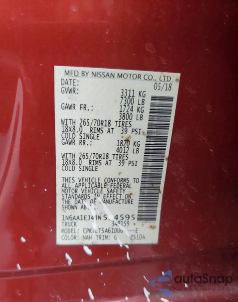 2018 Nissan Titan S z USA, uszkodzony, nr VIN 1N6AA1EJ4JN534595
